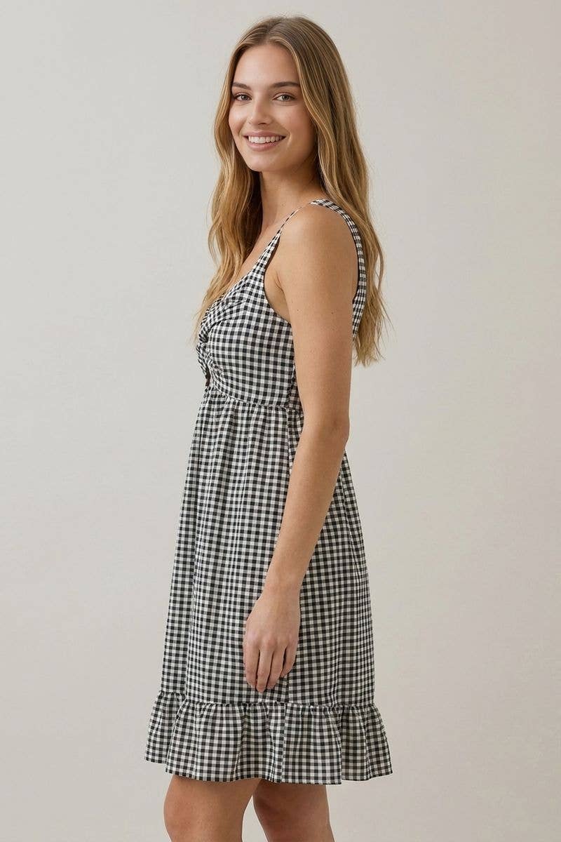 Black Gingham with Twist Dress  - 128425