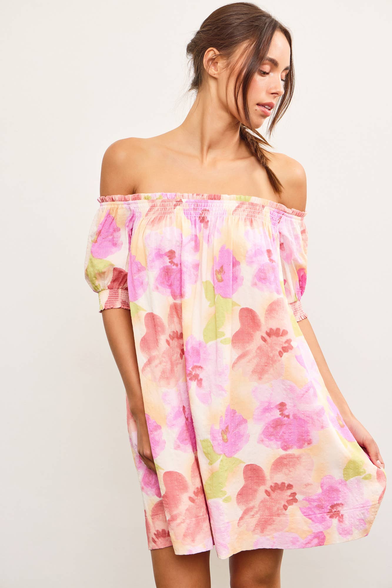 Pink Abstract Bloom Off-Shoulder Floral Dress-122482