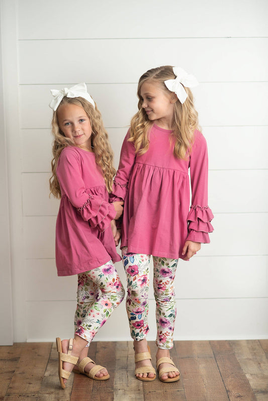 Pink Ruffle Sleeve Shirt & Floral Leggings Set