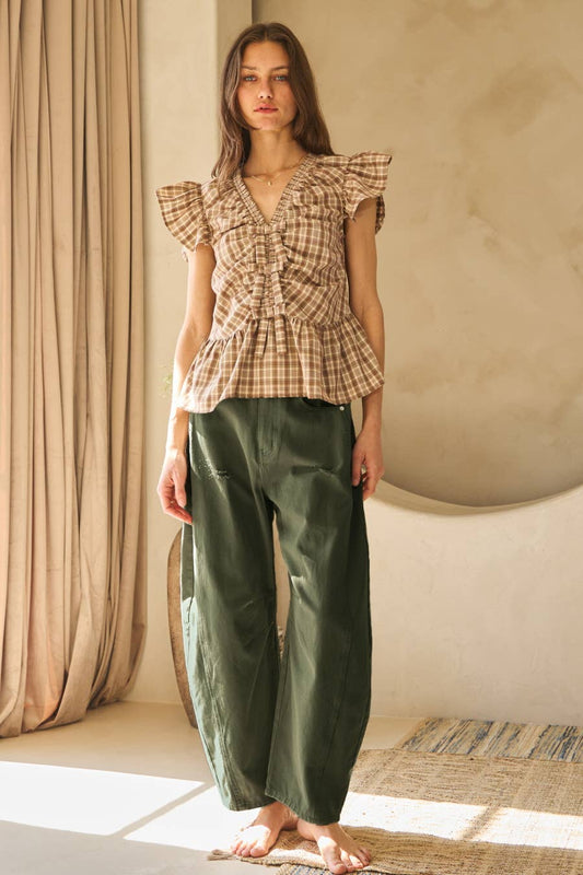 Olive Acid Washed Barrel Denim Pants-131774