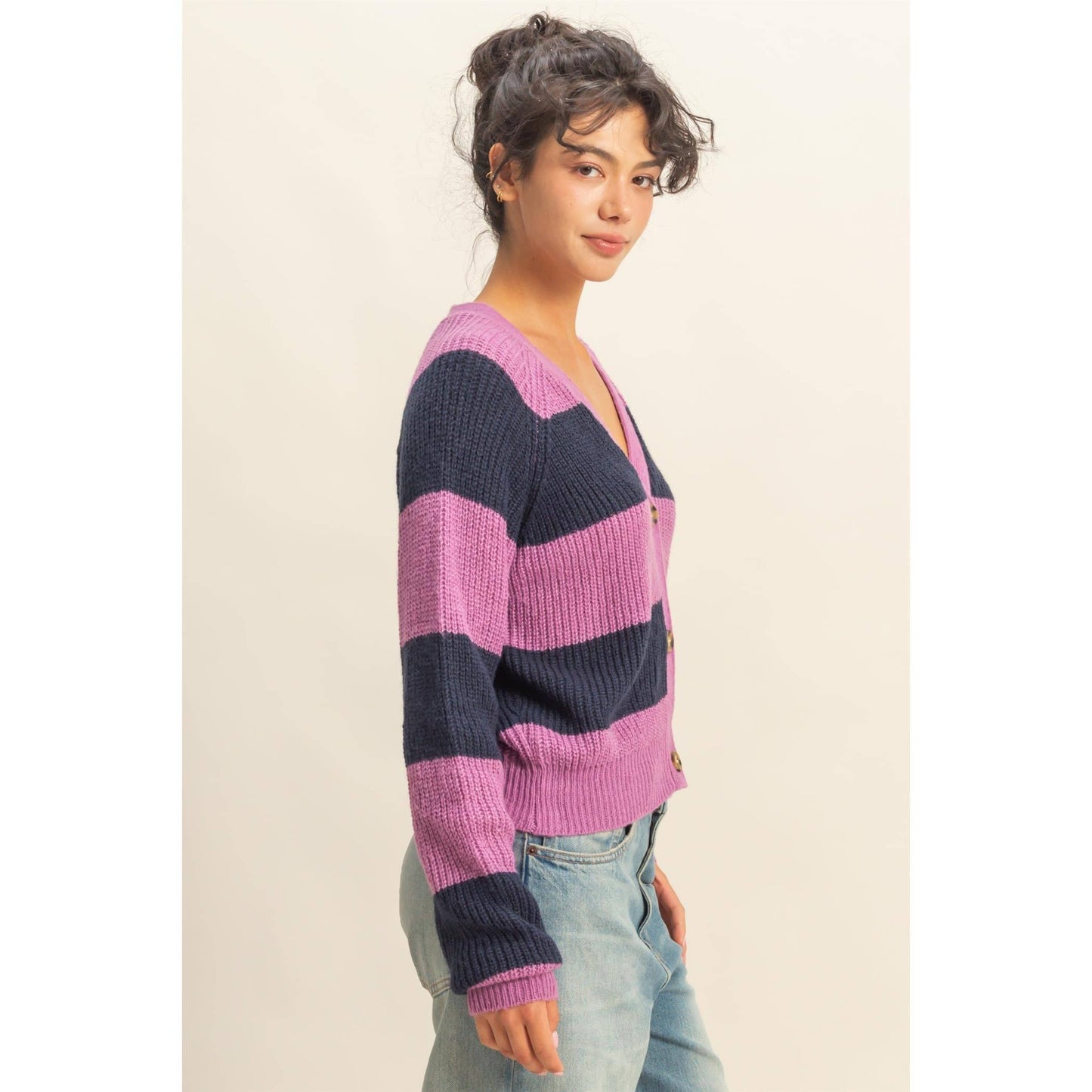 Navy and Purple Striped Button-Front Cardigan