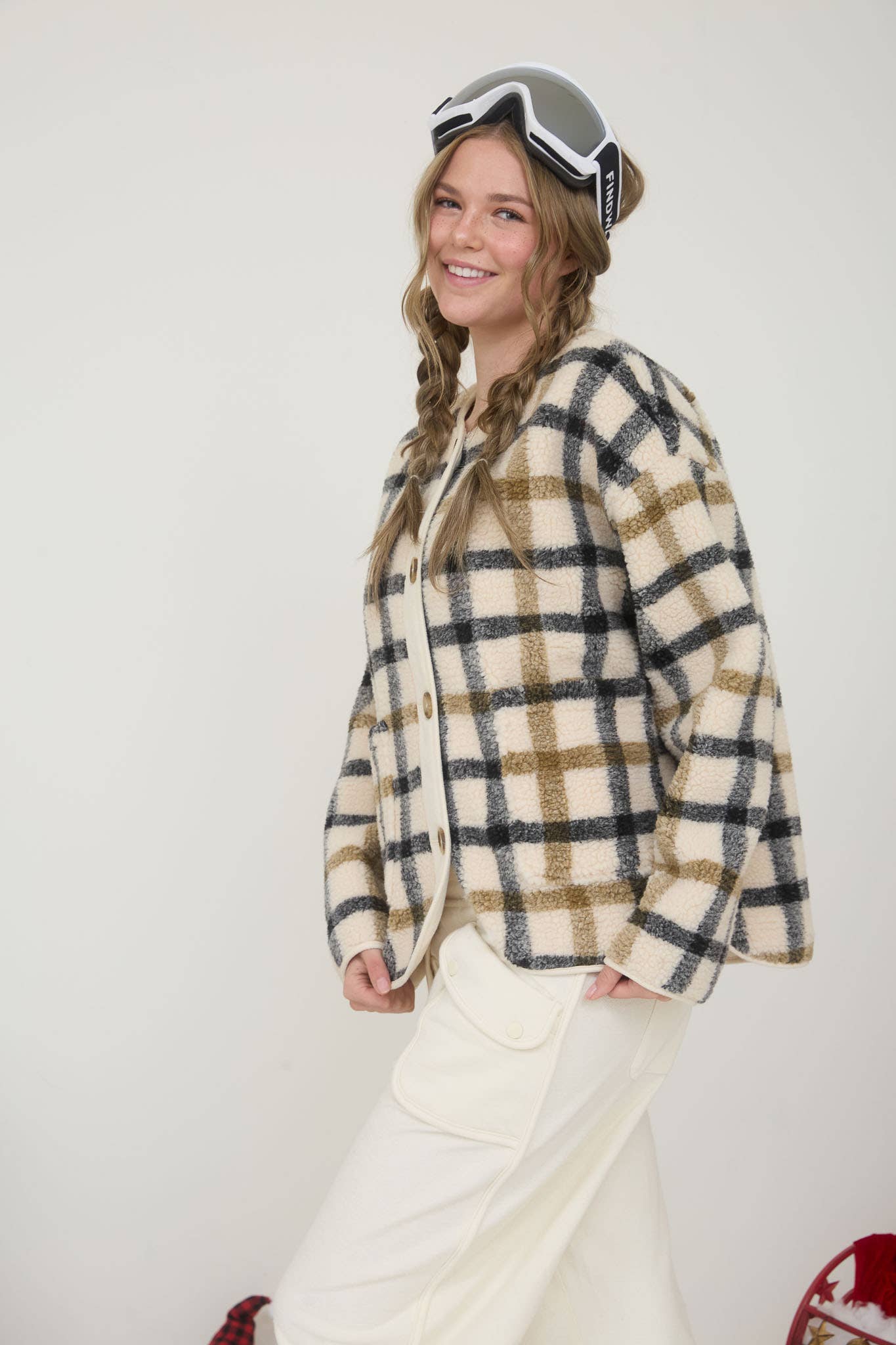 Cream Cozy Plaid Button Down "Teddy" Sherpa Jacket