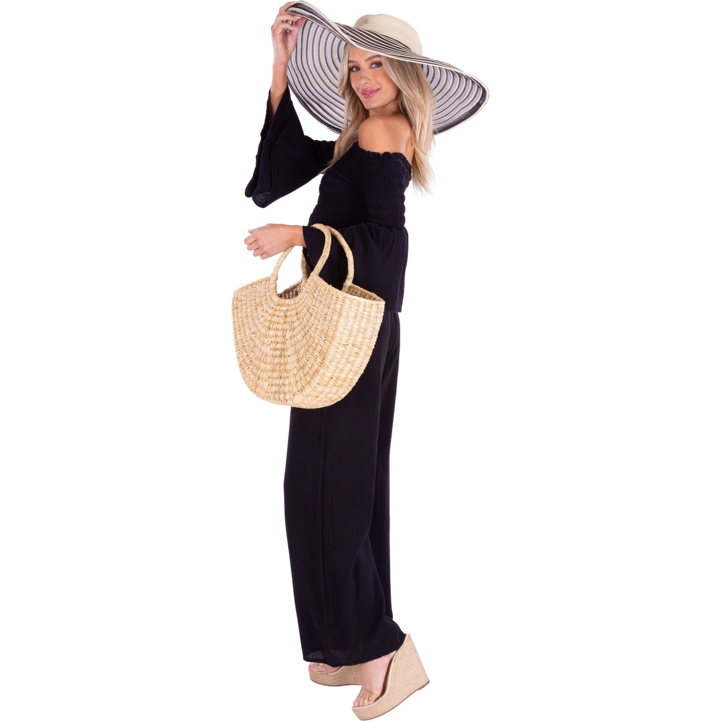 Black Smocked Waist Cotton Wide Leg Pants-131379