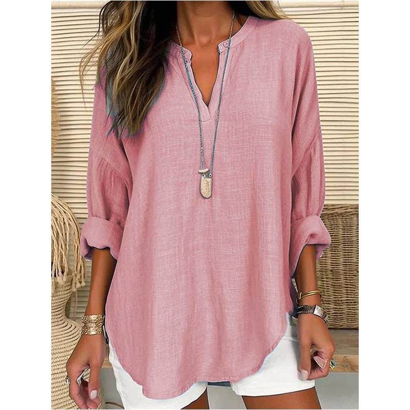 Pink Linen V Neck Long Sleeve Casual Shirt-140260