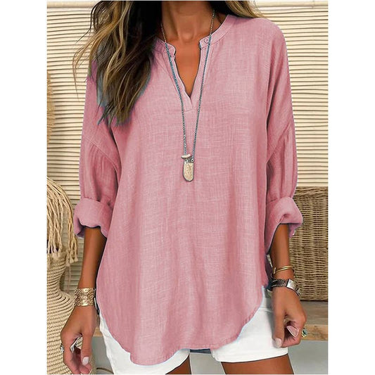 Pink Linen V Neck Long Sleeve Casual Shirt-140260