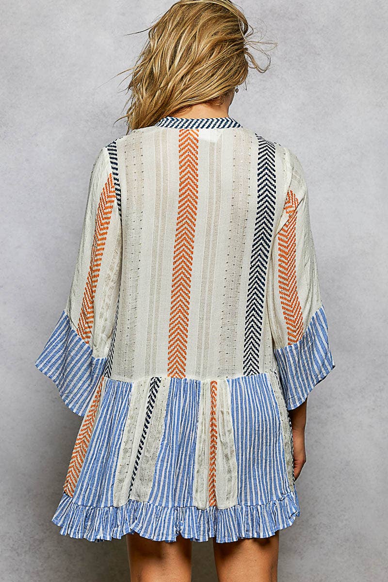 Cream w/ Multi Color Woven Cotton Embroidered Dress-121717