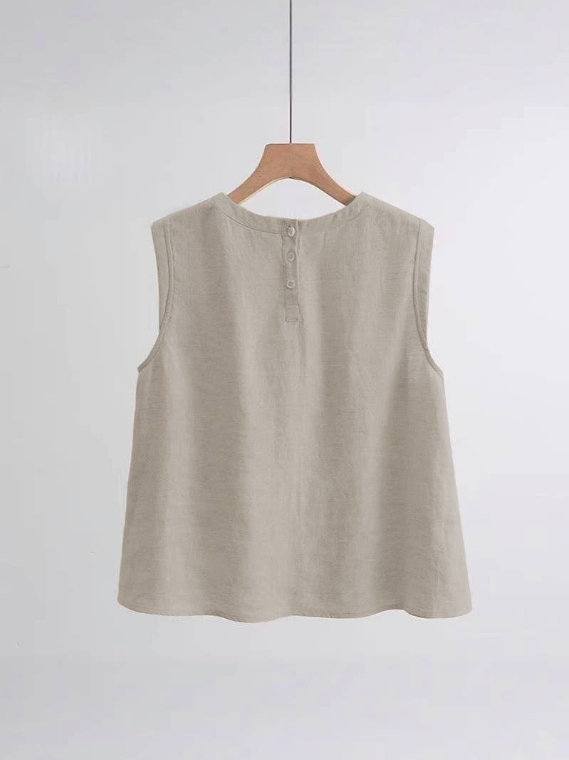 Boxy Lightweight Airy Cotton Linen Effect Boxy Crewneck Tank Top: Beige / White - 146421