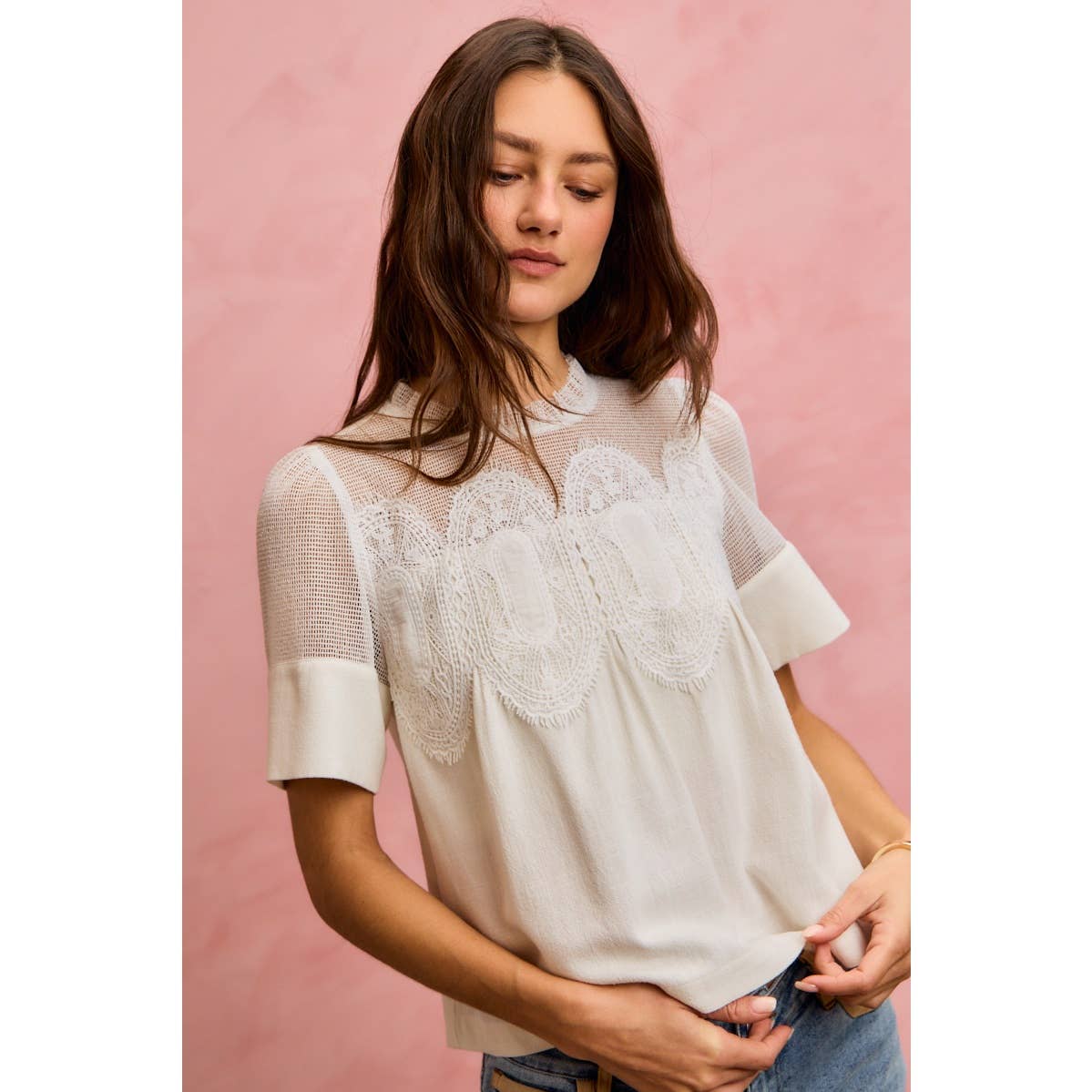 White Linen Blend Lace Trim Shirt-144039