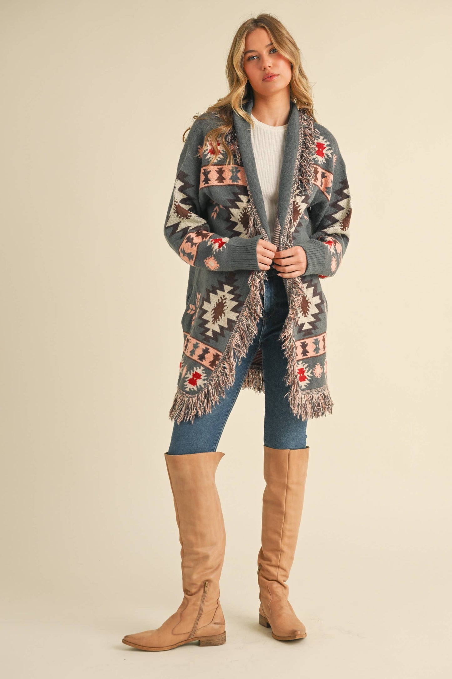 Aztec Print Fringed Knitted Long Cardigan