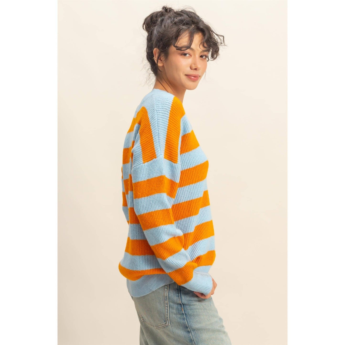 Orange and Blue Oversized Striped V-Neck Sweater