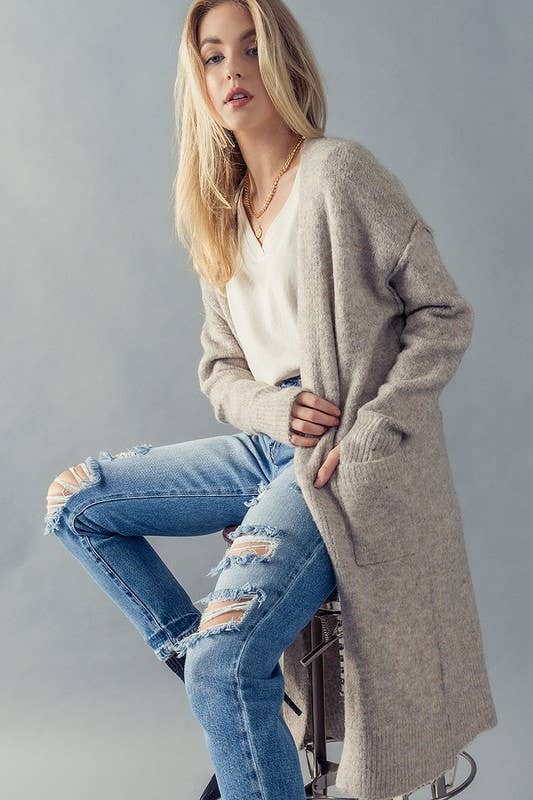 Taupe Soft Cozy Knit with Thumbhole Cuff Long Cardigan