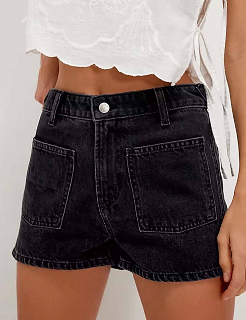 Black Denim Front Pocket Shorts-115652