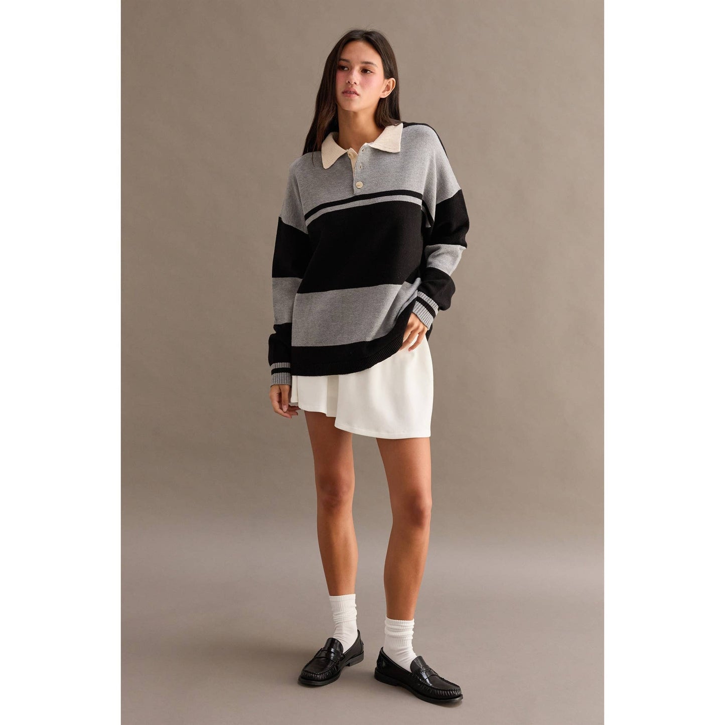 Polo Collar Black and Heather Grey Striped Sweater
