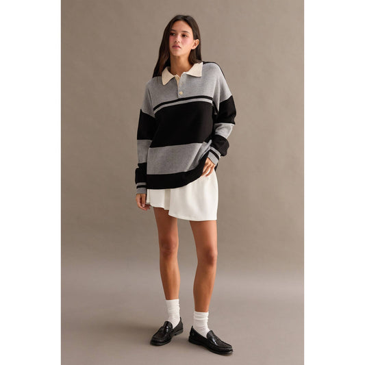 Polo Collar Black and Heather Grey Striped Sweater