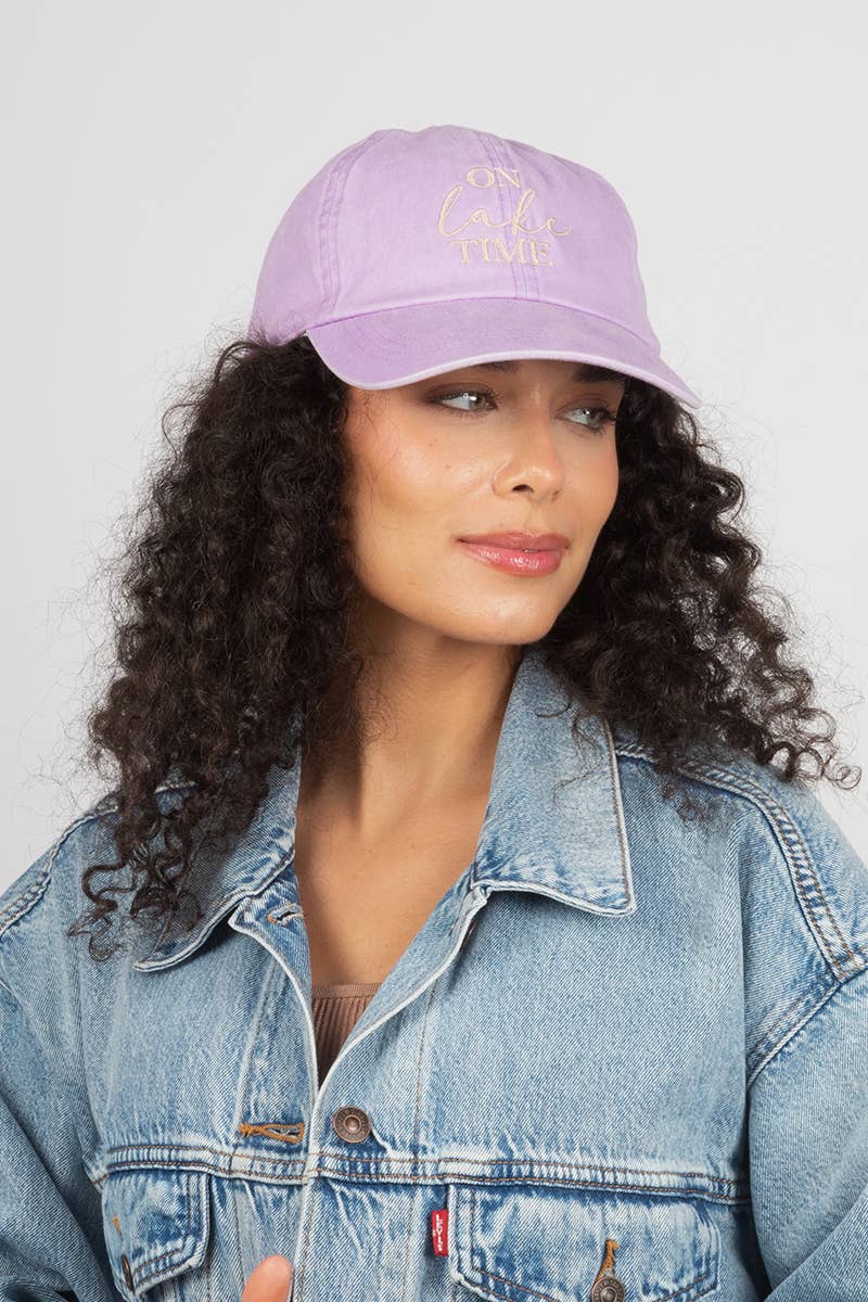 White 'On Lake Time' Embroidered Cotton Baseball Cap