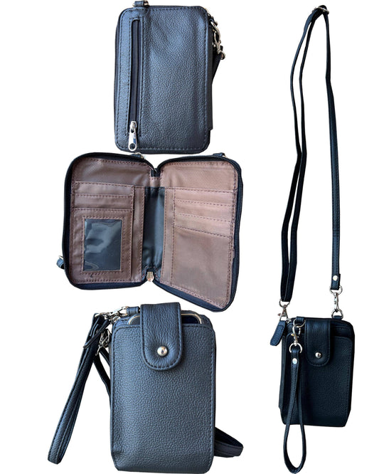 Black Leather Phone Bag with Credit Card Slots and Adjustable Strap