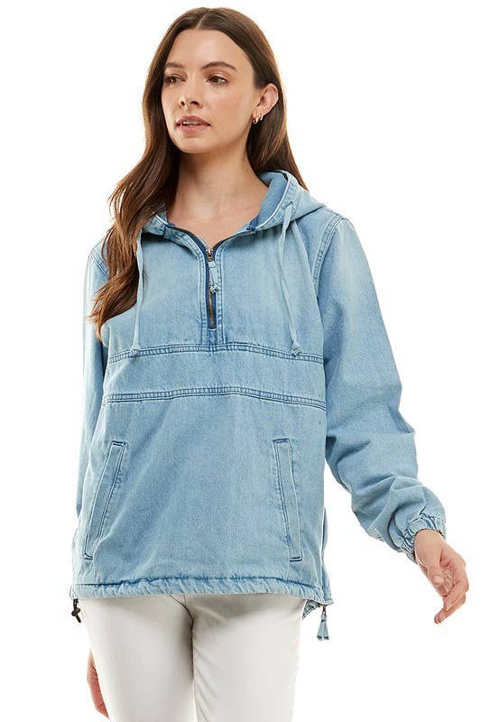 Light Washed Denim Hooded Pullover