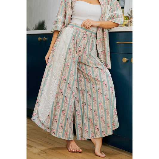 Teal w/ Pink Floral Eyelet Side Wide Leg Pants-141889