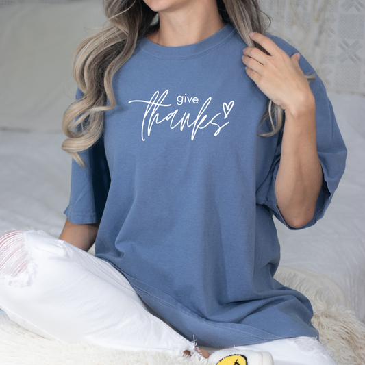 "Give Thanks" Fall Blue Jean Blue Tee Shirt