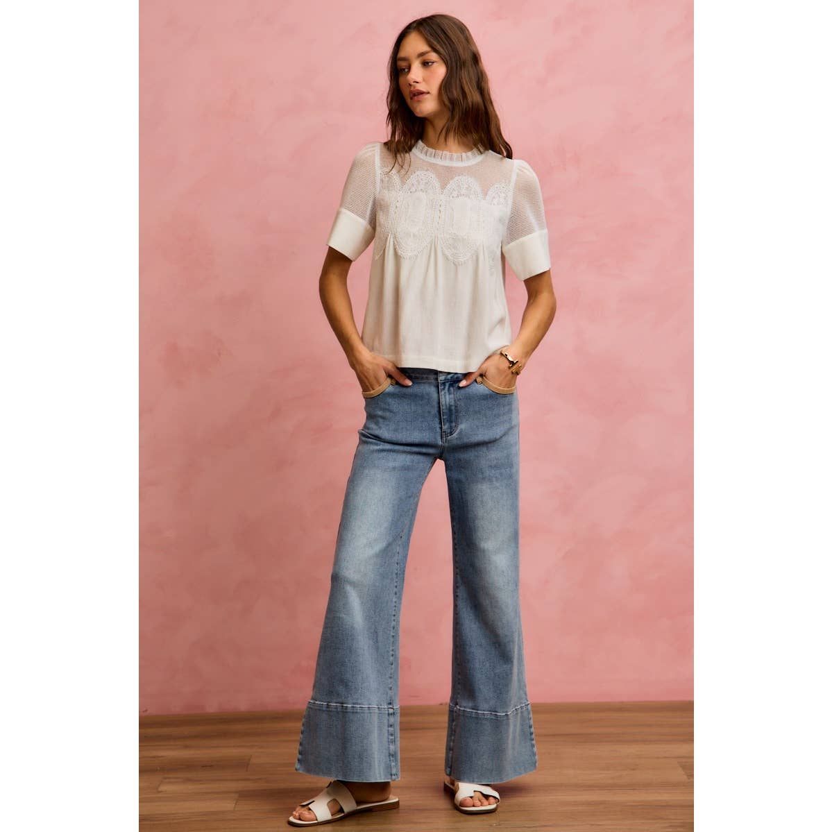 White Linen Blend Lace Trim Shirt-144039