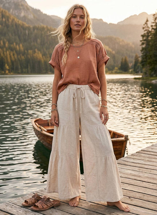 Natural Linen Blend Wide Leg Palazzo Pants-132214