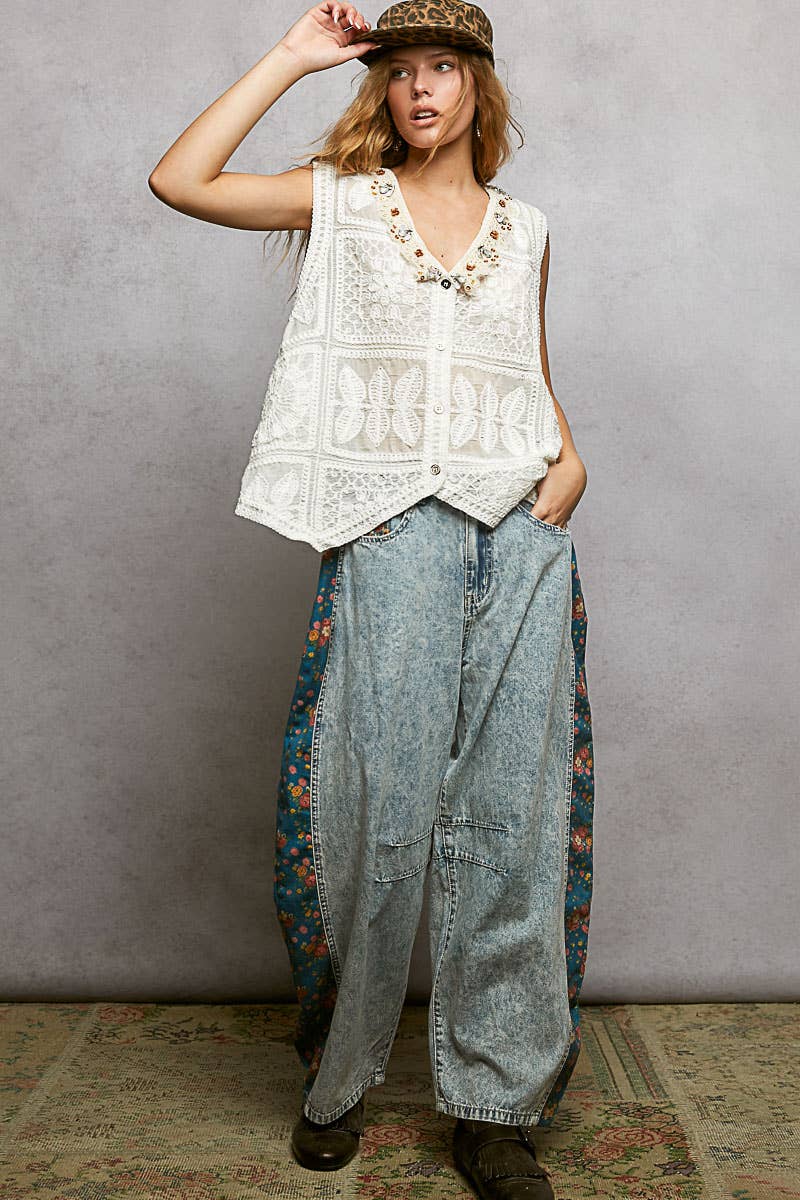 Off White Boho Crochet Lace Trim Embellishment Vest Top-141210