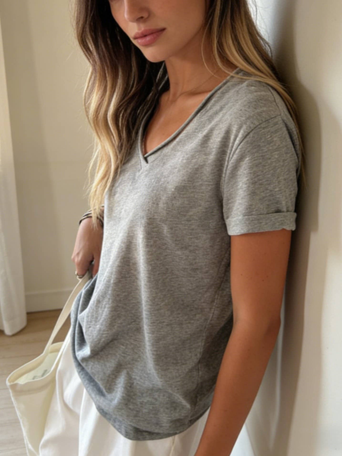 Cotton blend short sleeve roll neck tees V-neck T-shirt - Grey or Pink - 146744
