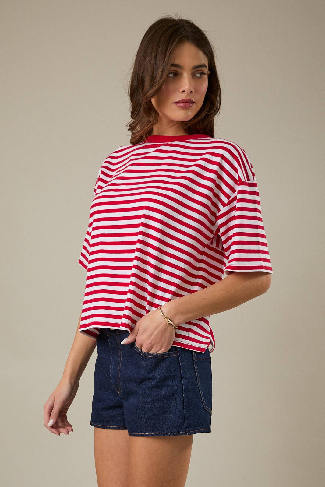 Red and White Stripe Boxy Tee w/ Cutout Open Tie Back-148088