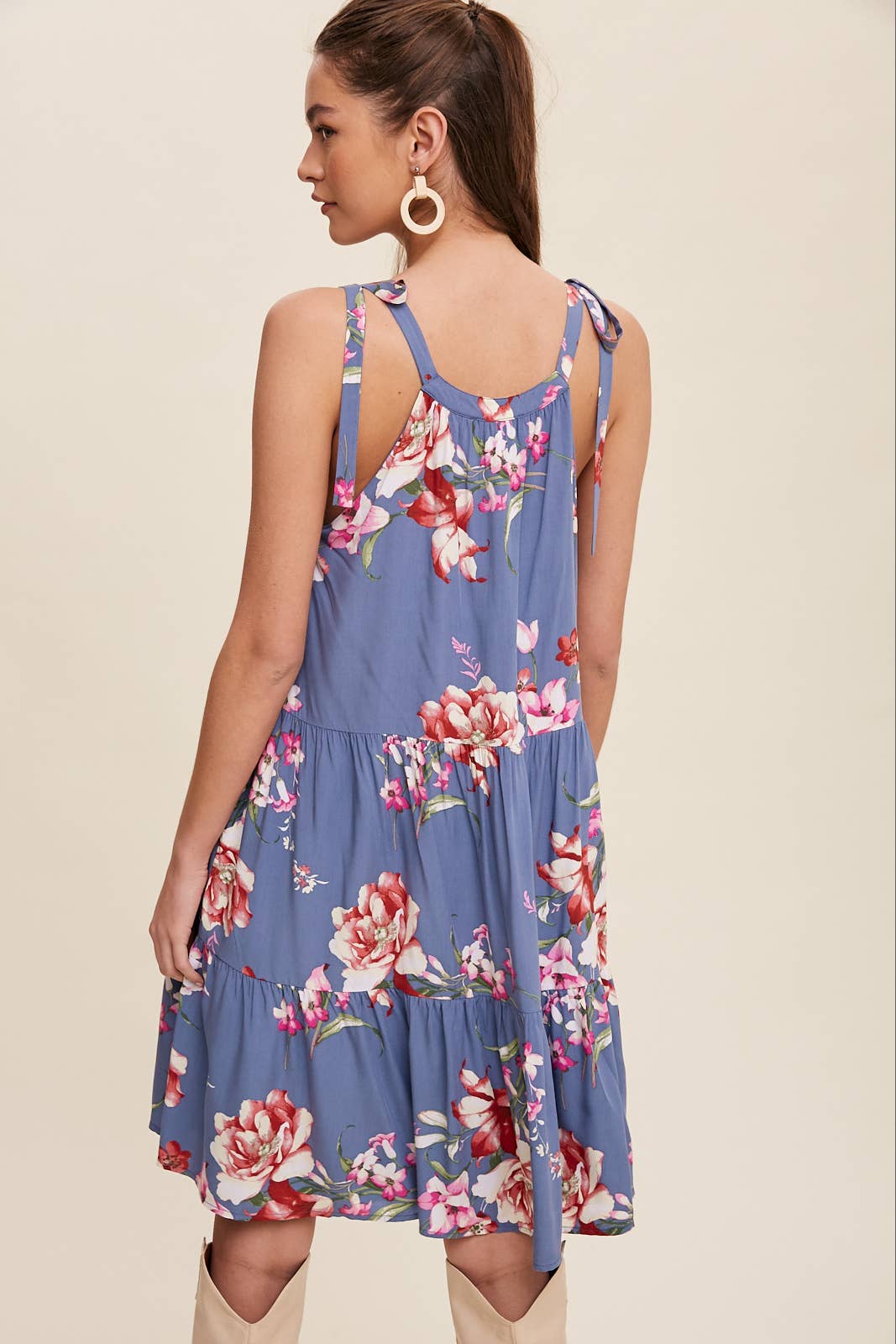 Blue Floral Tie-Shoulder Tiered Dress- 121202