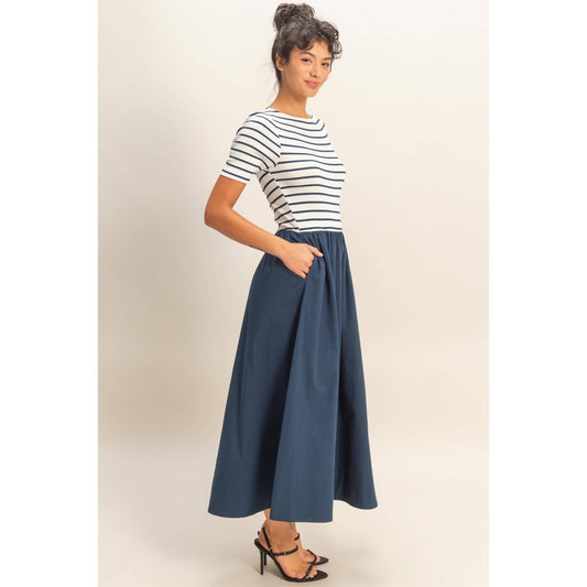 Navy Striped Ribbed Top And Poplin Skirt Midi Dress