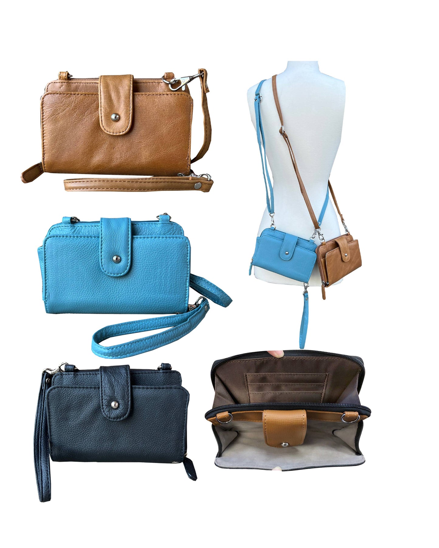 Light Brown / Black Leather Phone Crossbody Wallet