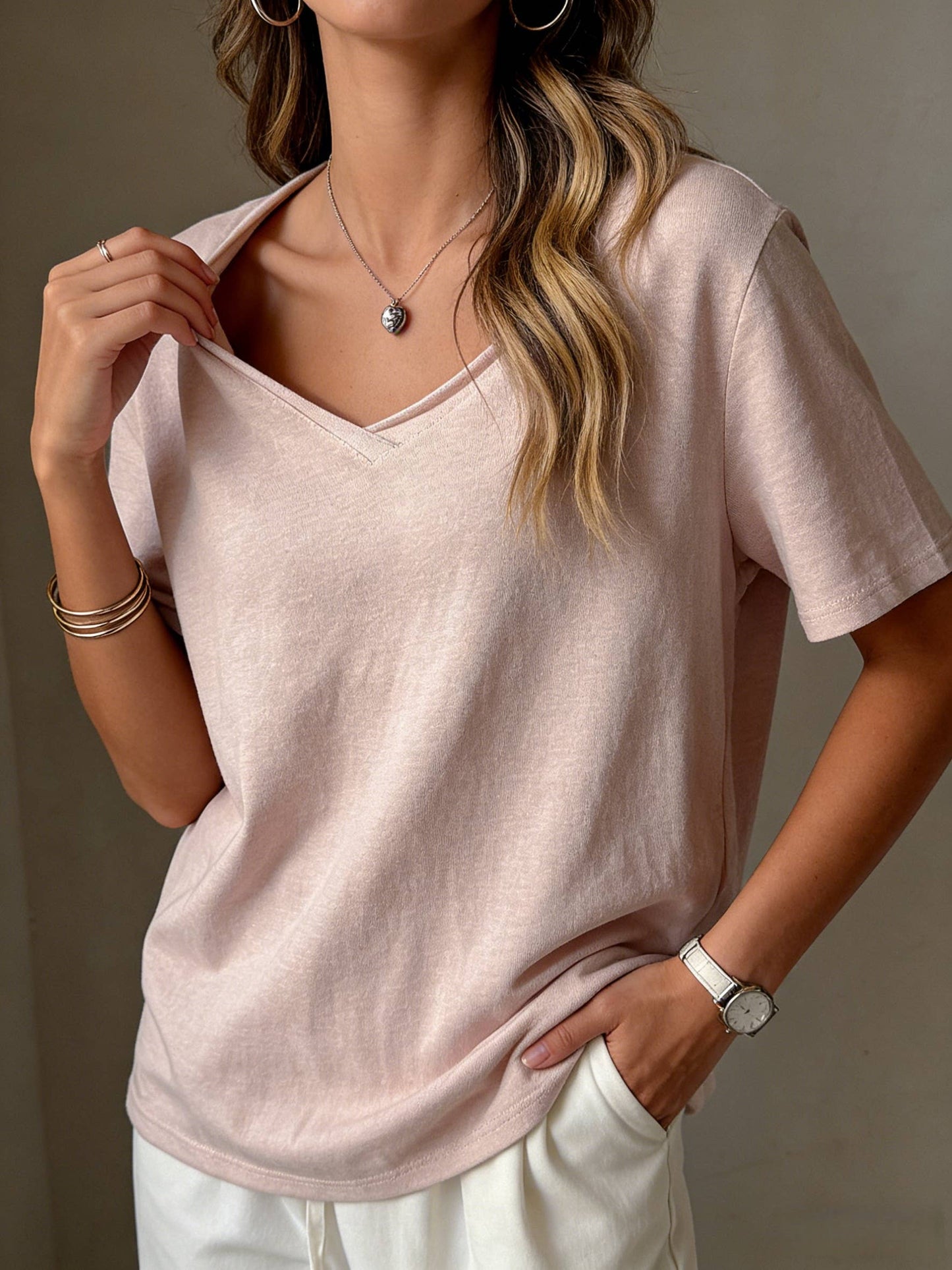 Cotton blend short sleeve roll neck tees V-neck T-shirt - Grey or Pink - 146744
