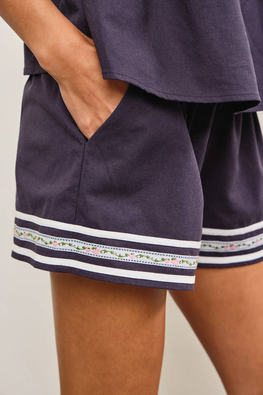 Indigo w/ Flower Hem Detail Shorts- 112471