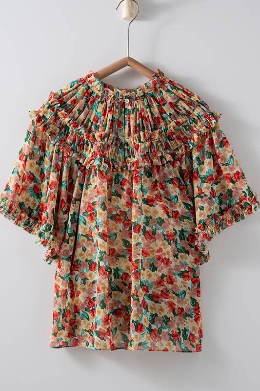 Aurora of Ruffle and Color Short Sleeve Blouse