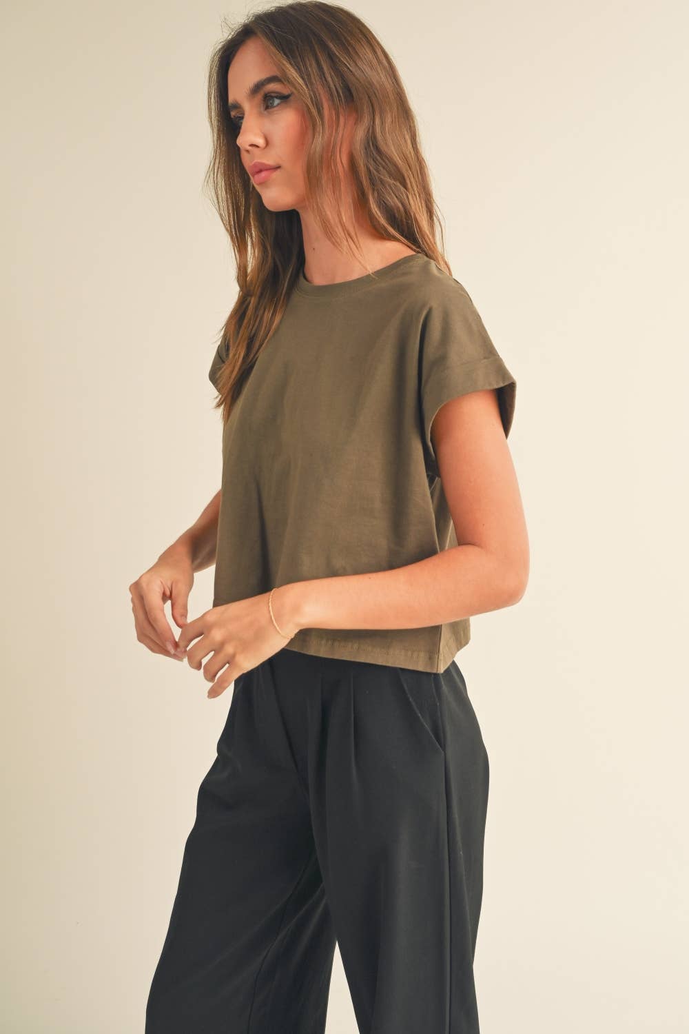 Olive Cuffed Short Sleeve Shirt-142263