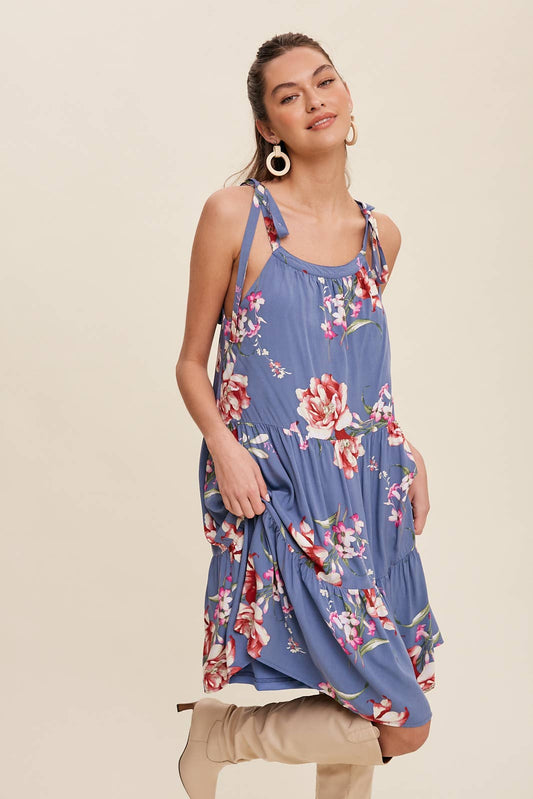 Blue Floral Tie-Shoulder Tiered Dress