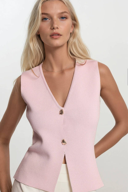 Pink Fine Knit Sleevless Button Top-211557