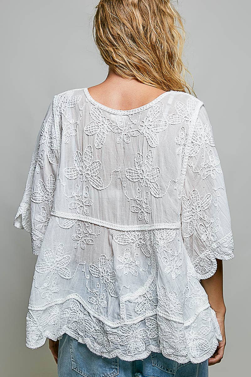 Off White Tassel Loop Point Ruffle Crochet Top-143198