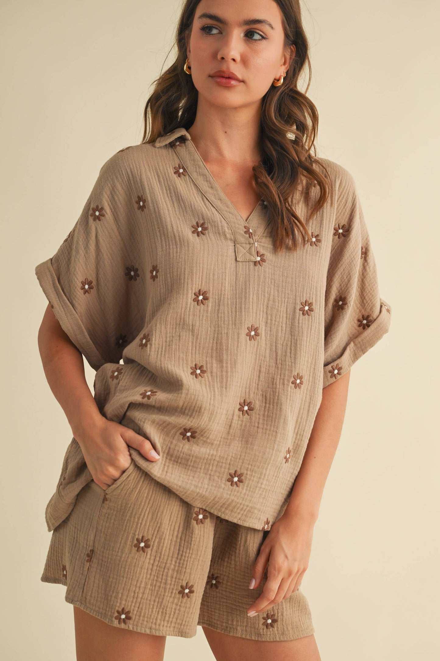 Mocha Embroidered Flower Cotton Short Set