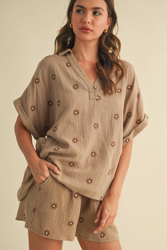 Mocha Embroidered Flower Short Set- 195538