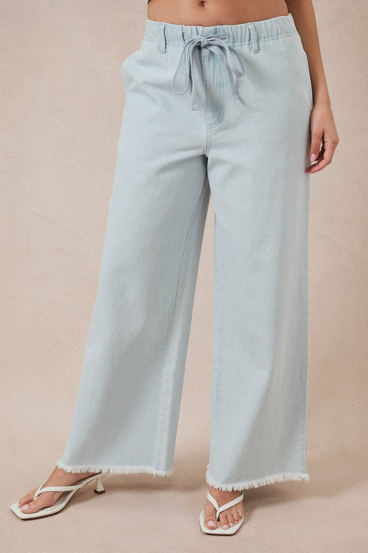 Washed Denim Twill Wide Leg Pants w/ Frayed Hem-136798