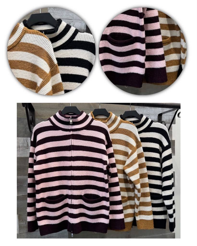 Black-Khaki Striped Zip-Up Cardigan-150209
