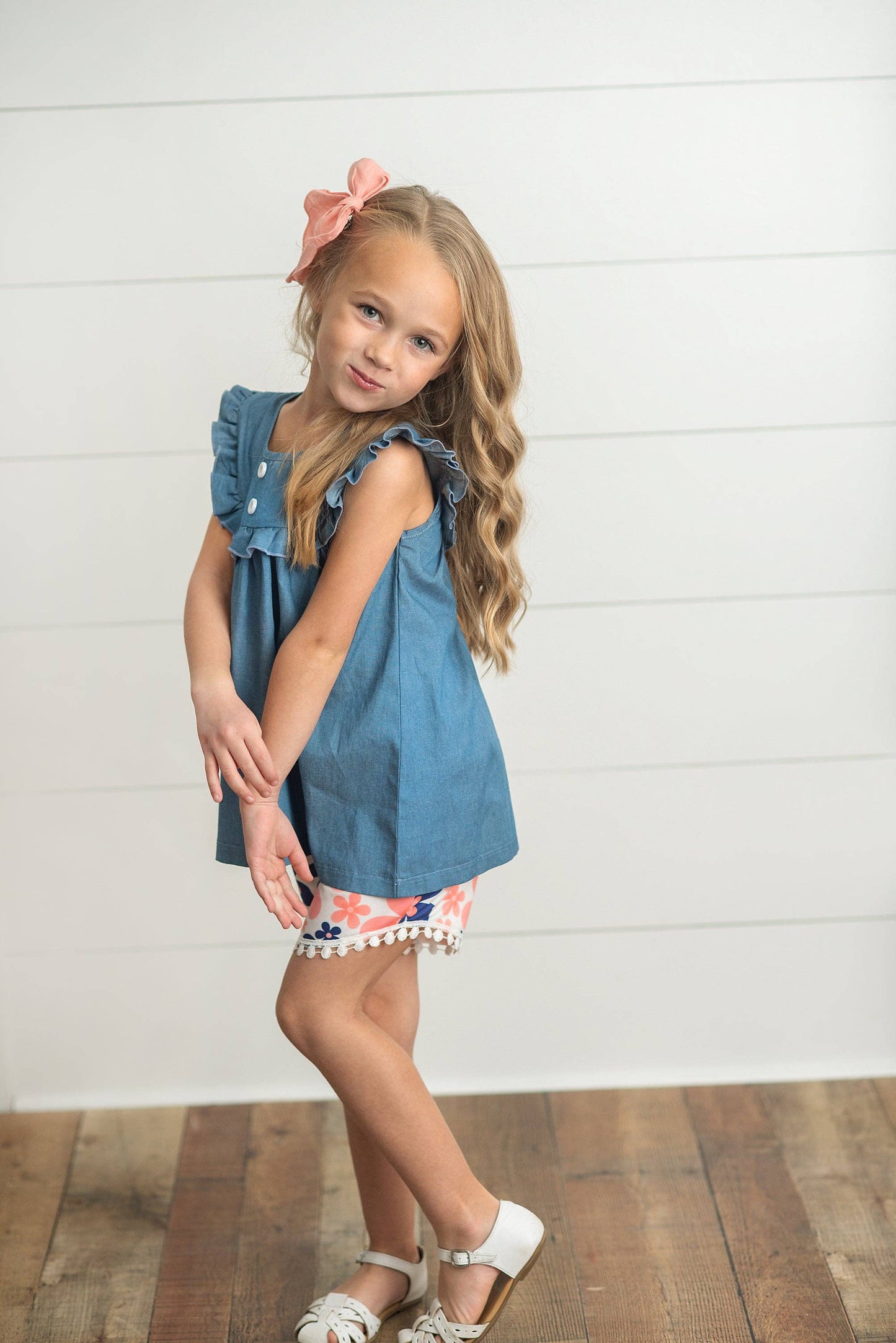 Girls Denim Flutter Top and Coral Floral Ruffle Short Set-171426