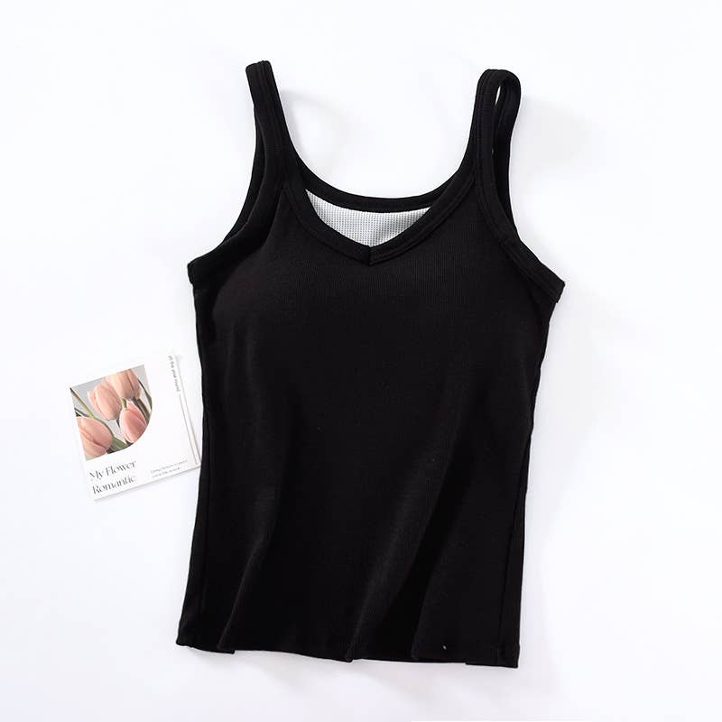 Black W/ White Contrast Trim Shelf Bra Tank Top-184295
