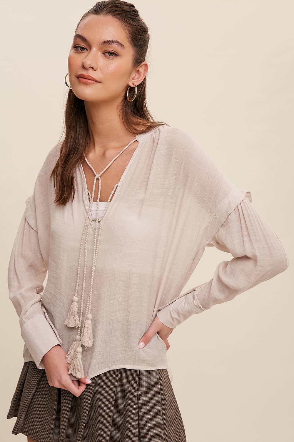 Champagne Tassel Tie Boho Blouse-140783