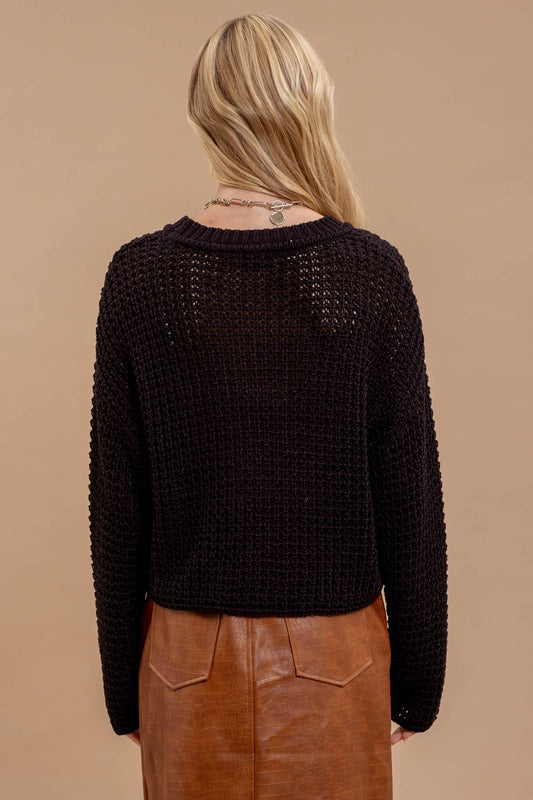Black Sheer Knit Crew Neck Sweater
