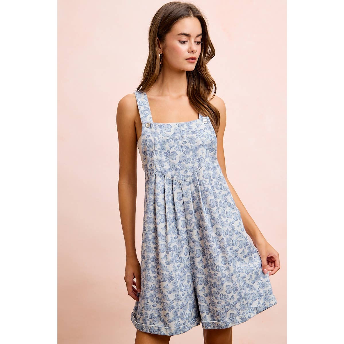 Blue Flower Printed Washed Twill Denim Shortall- 121162