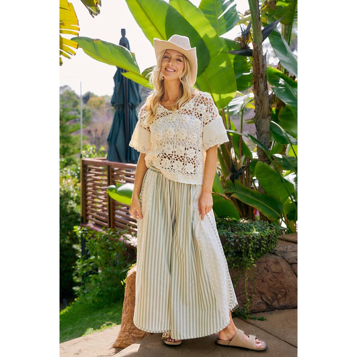 Black and White Stripe and Eyelet Side Wide Leg Pants-131889