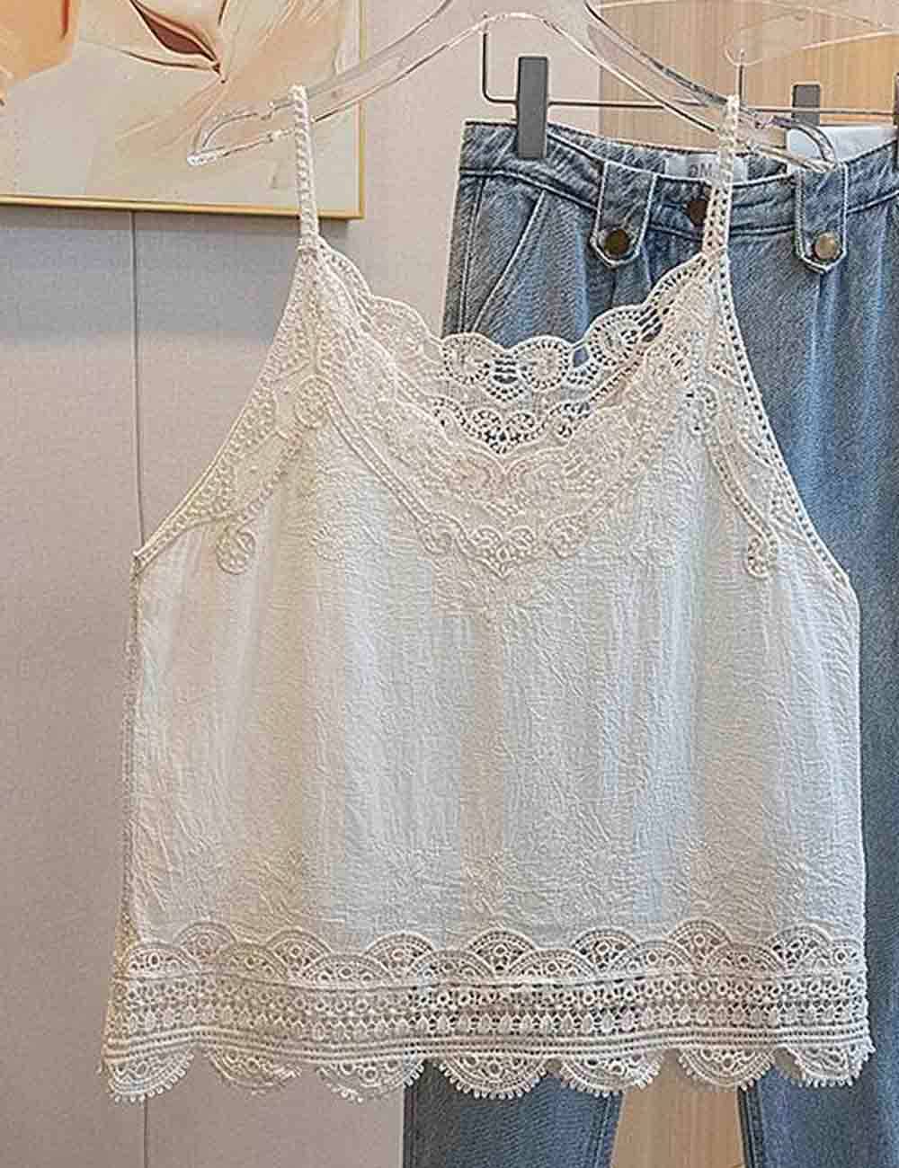 White Lace Embroidery String Shoulder Cami Top-188788