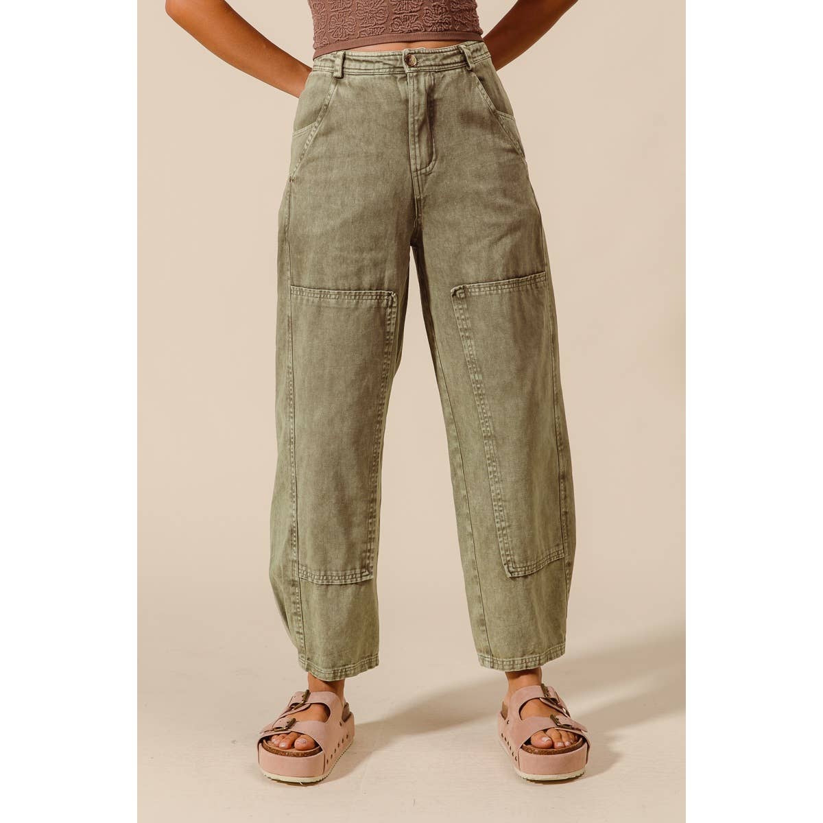 Olive Mineral-Washed Barrel Pants-131186